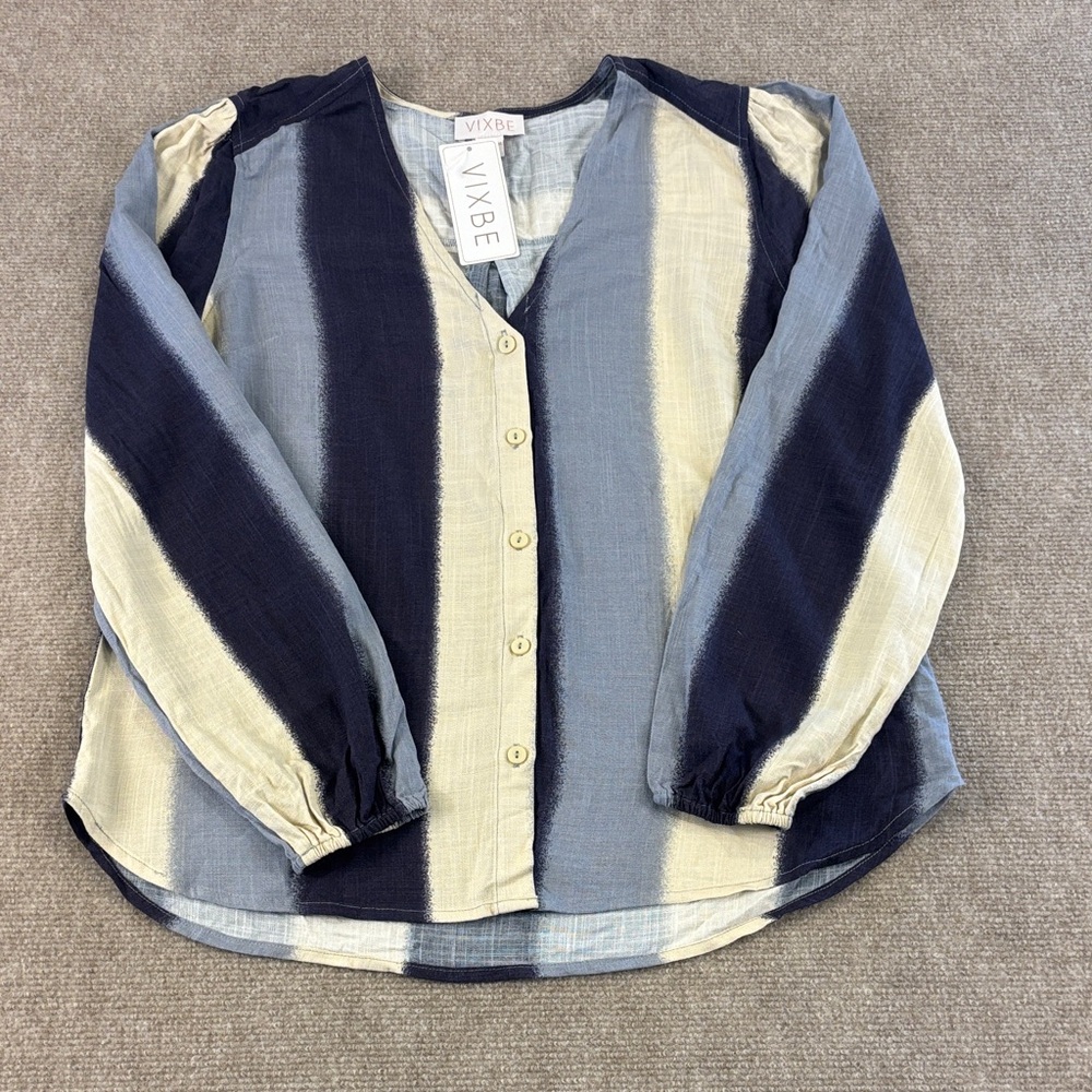 Vixbe‎ Women's Striped Navy/Cream Button Up Long Sleeve Boho Blouse Sz S NWT